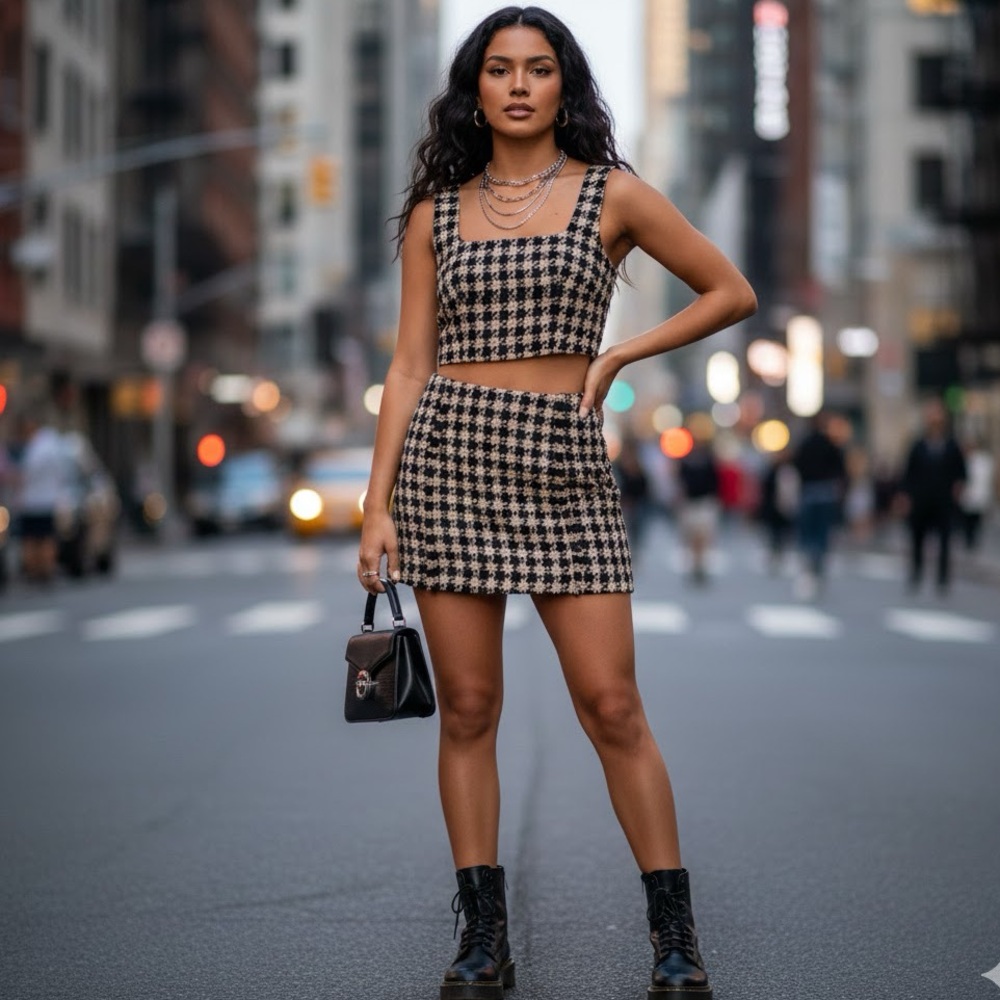 House of Harlow 1960 2Pc Houndstooth Mini Skirt Crop Top Set Black Tan Size L